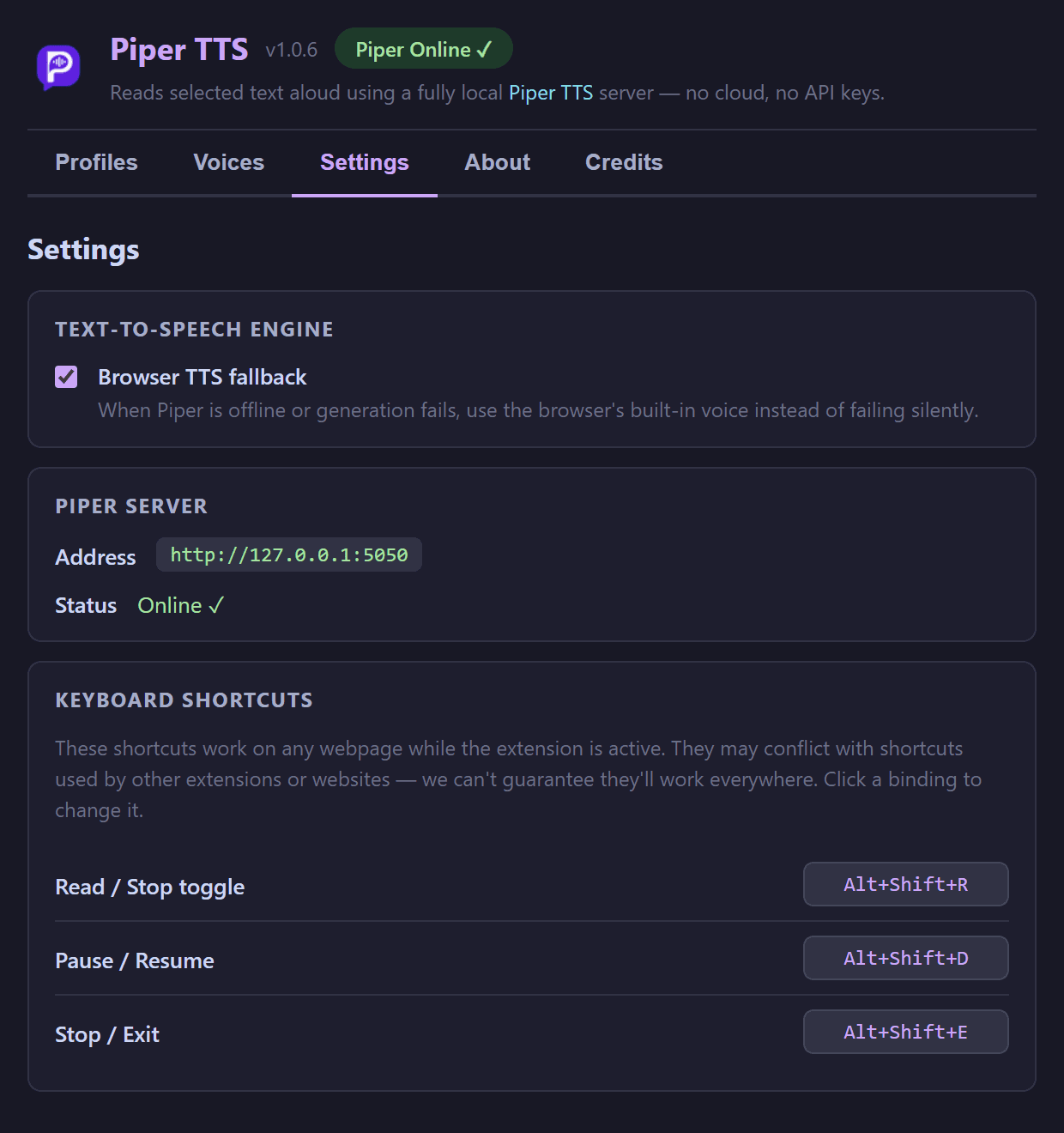 Piper TTS options — settings tab with fallback and shortcuts