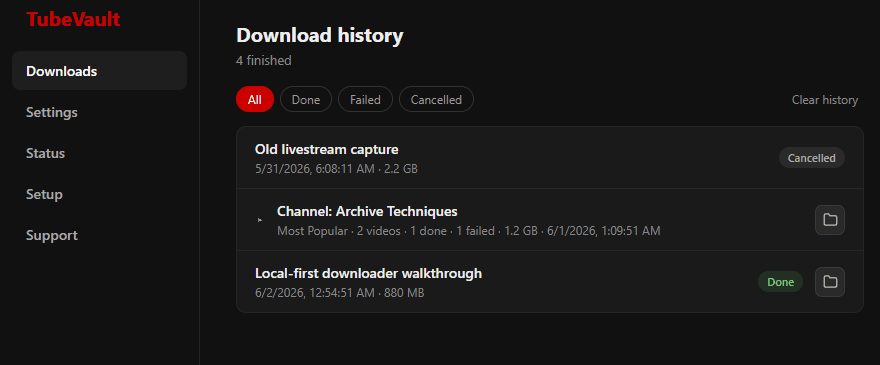 TubeVault options — download history