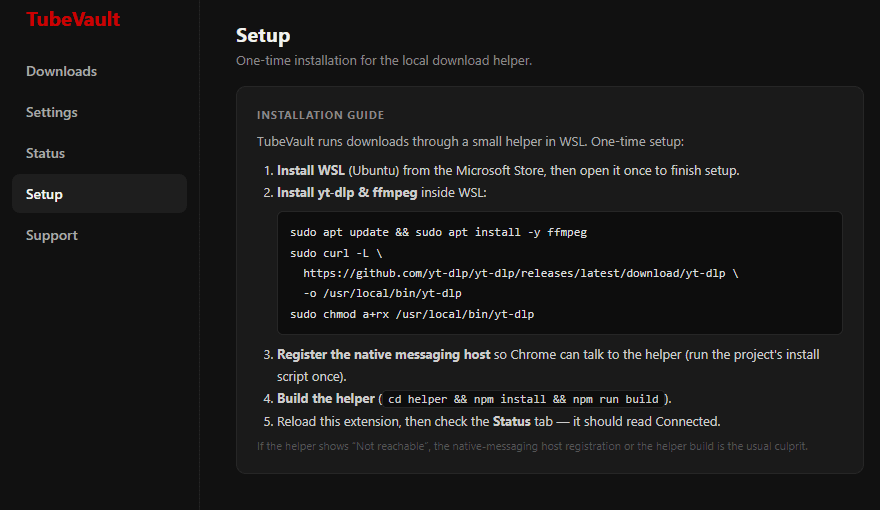 TubeVault options — setup checklist