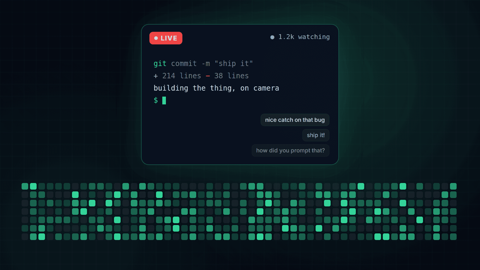 A live coding stream window above a glowing contribution grid