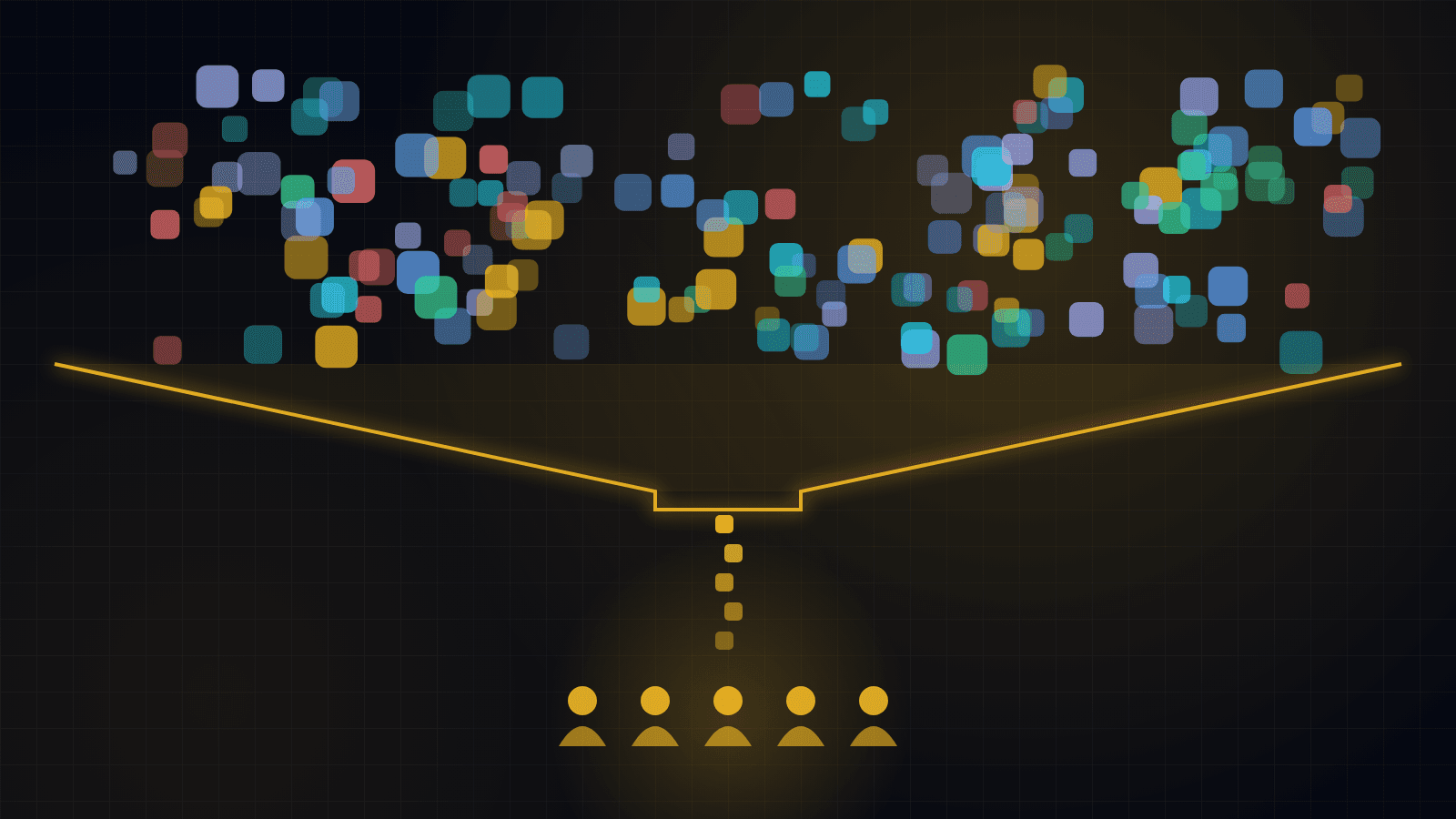A flood of app icons squeezing through a narrow bottleneck to a small audience