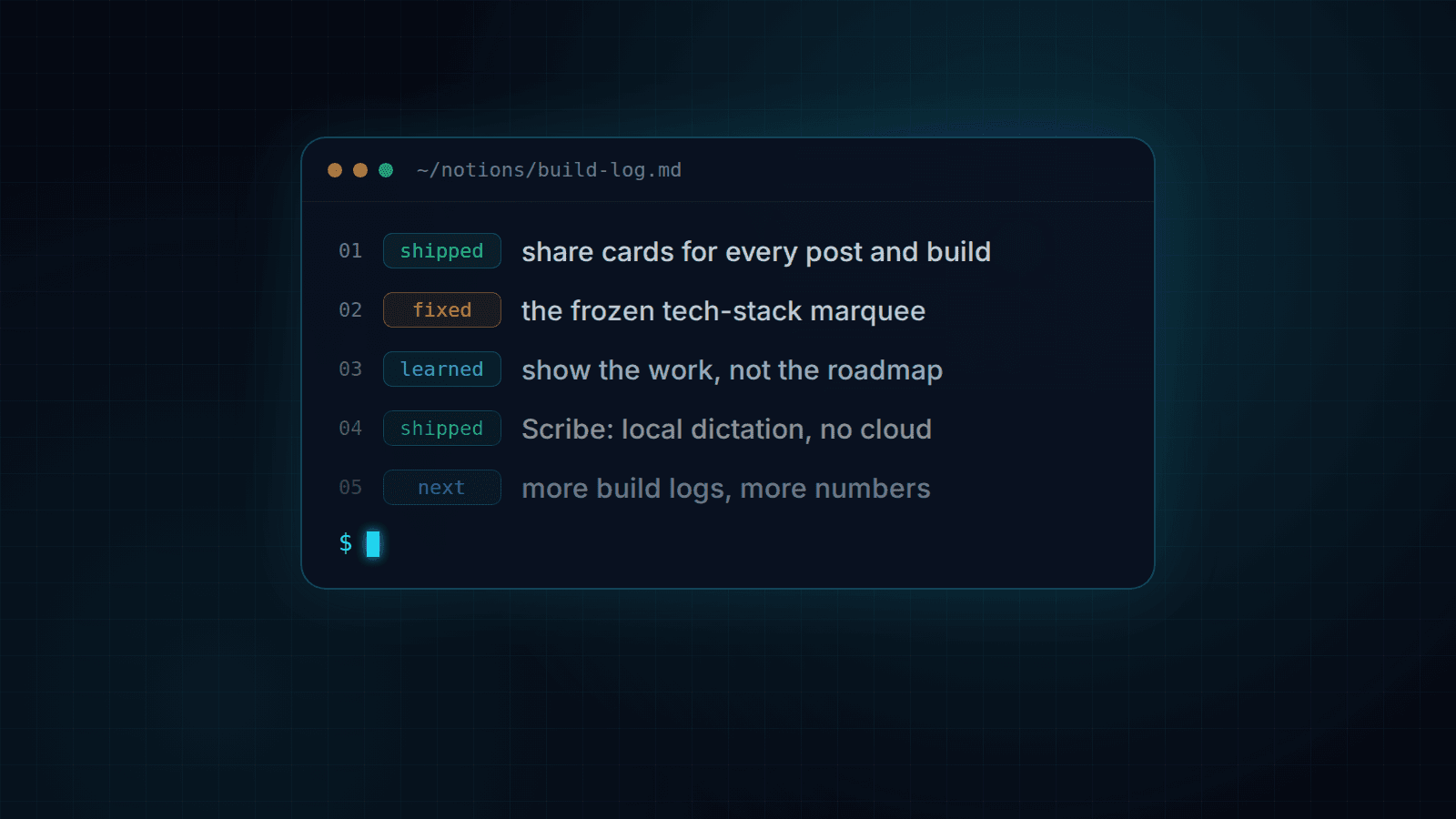 A build-log window listing shipped, fixed and learned entries